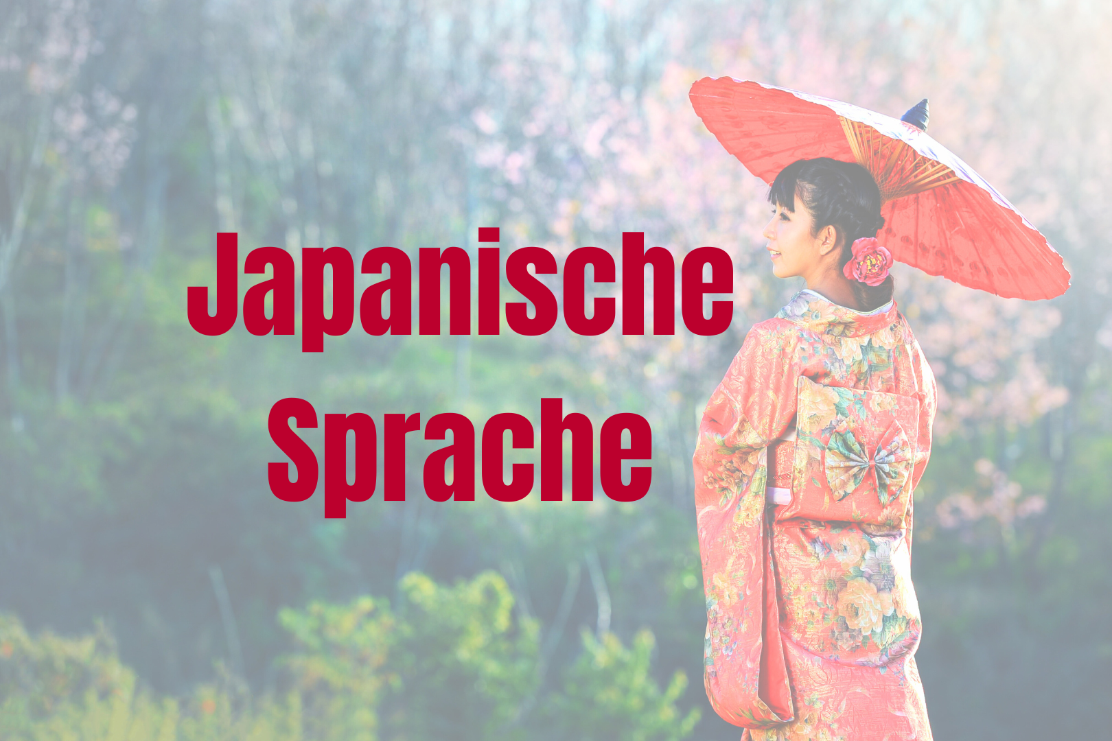 Japanerin mit rotem Sonnenschirm. Dafür in roter Schrift "Japanische Sprache"