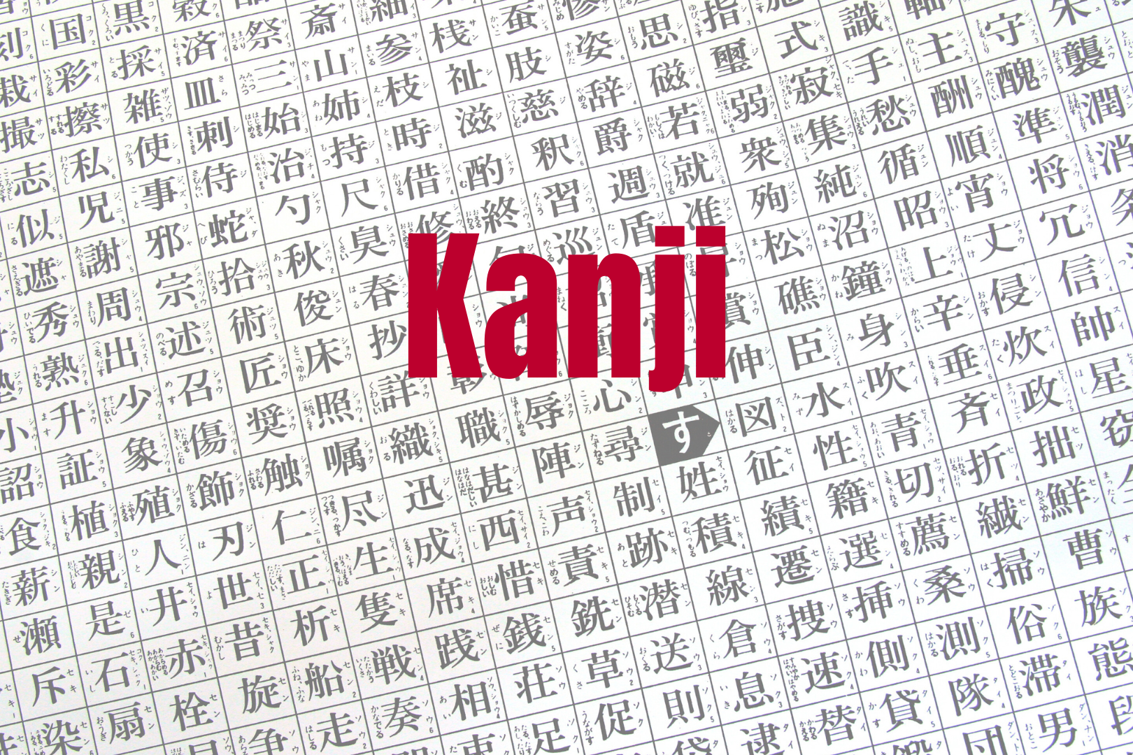 Kanji in rot geschrieben vor verschiedenen Kanji im Hintergrund